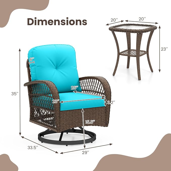 ORALNER 3 Pieces Wicker 360° Swivel Rocker Set Patio Furniture, Rocking Chairs with Cushions, Tempered Glass Coffee Table, Outdoor Rattan Bistro Set for Balcony Front Porch Deck Poolside (Turquoise)