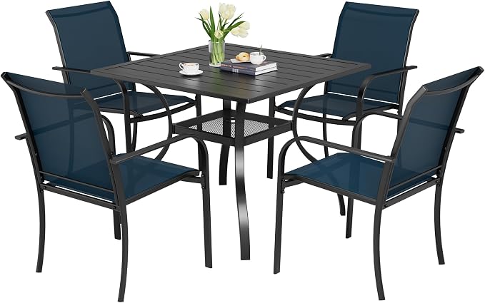Incbruce 5 Pieces Patio Dining Set, Outdoor Dining Set of 4 Textilene Chairs and Square Table with Umbrella Hole for Backyard, Garden, and Poolside (Blue)