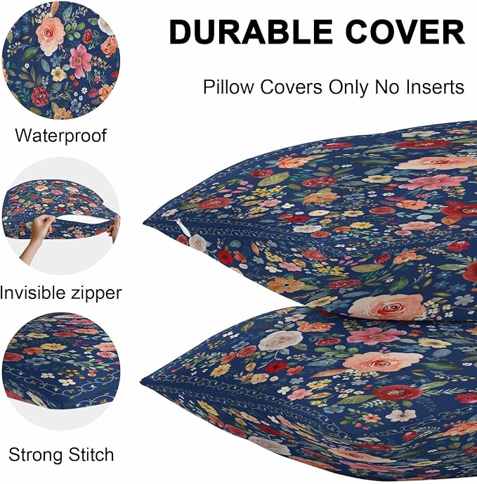 Vandarllin Outdoor Throw Pillows Covers 26x26 inch Set of 2 Waterproof Navy Blue Floral Decorative Zippered Cushion Covers for Patio Furniture, Farmhouse Vintage Flower Lumbar Pillowcases