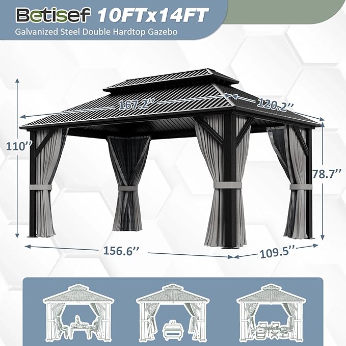 10'x14' Outdoor Gazebo Hardtop Permanent Gazebo Aluminum Galvanized Steel Double Roof Outdoor Pergola Include Curtain and Netting for Backyard, Patio, Lawn