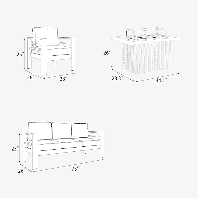 4 Pieces Aluminum Outdoor Patio Furniture Set with Fire Pit Table, Modern Metal Conversation Sofa Set with Deep Seating