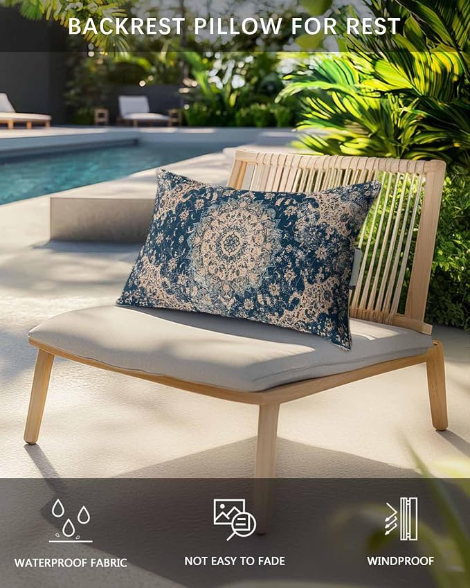 Outdoor Lumbar Cushions with Inserts, Blue Classic Medieval Retro African Pattern Waterproof Fluffy Fade Body Pillows, Patio Furniture Pillow for Home Balcony Garden Decor 11x16IN