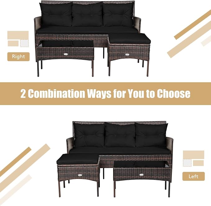 HAPPYGRILL 3-Piece Patio Furniture Set Outdoor Rattan Conversation Set with Coffee Table, Seat & Back Cushions, Sectional Sofa Set for Poolside Balcony Backyard