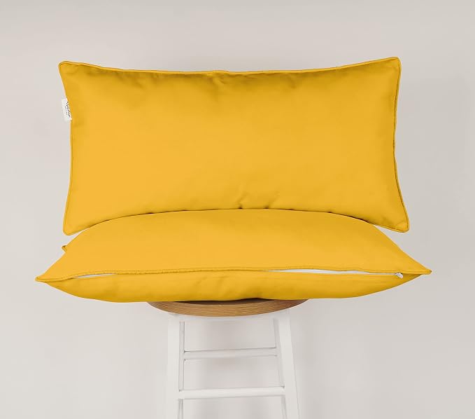 Indoor/Outdoor Polyester Fabric Lumbar Pillow Cover, All-Weather Waterproof Rectangular Cushion Case for Patio Furniture, 12 x 24 Set of 2 -Yellow