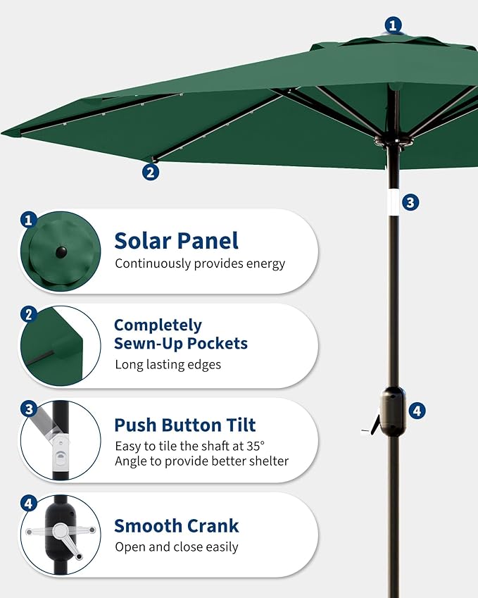 GarveeLife 9 ft Patio Umbrella with Solar Lights, Outdoor Table Umbrella with 32 LED Lights & Tilt Crank, 8 Ribs Market Umbrella for Pool, Deck, Backyard, Dark Green