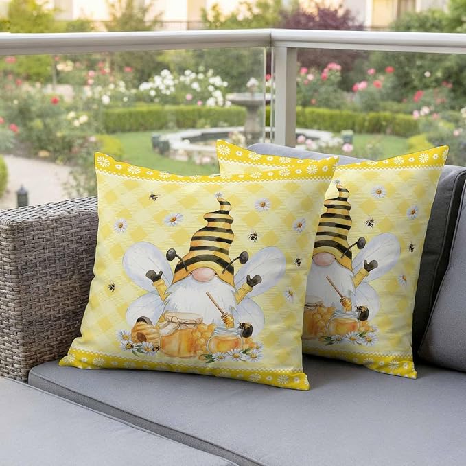 Yukro Honey Gnome Outdoor Waterproof Pillow Covers Pack of 2, Watercolor Honey Bees Floral Yellow Plaid Decorative Throw Pillowcases Cushion Covers for Garden Patio Tent Sofa Couch, 20x20 inch
