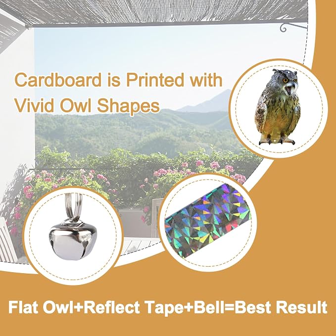 Owl to Keep Pigeons Away, 4Pcs Flat Plastic Owl to Scare Woodpecker from House, Fake Owls to Scare Pigeon Squirrels, Hanging Garden Owls with Reflective Tape for Roof Porch Patio Window Yard Balcony