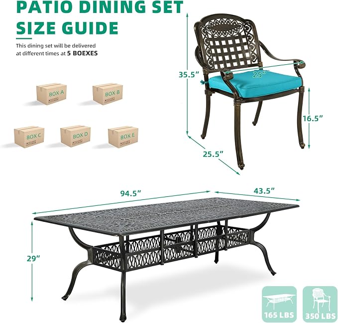 VIVIJASON 9-Piece Outdoor Dining Set, Cast Aluminum Retro Patio Furniture Table and Chairs Set for 8, Include Large 94.5" Rectangular Dining Table and 8 Chairs with Umbrella Hole, Ocean Blue Cushion