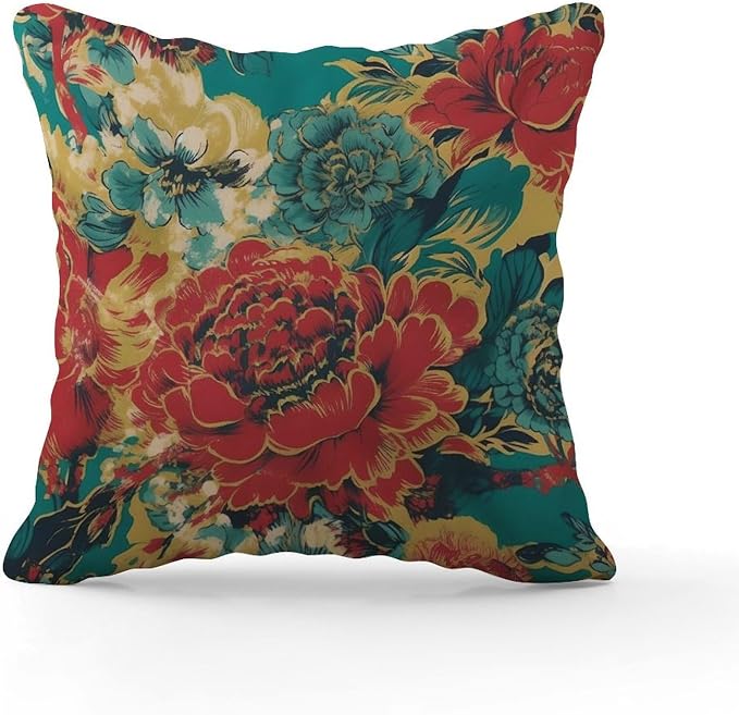 Pillow Cover Animal Tiger Stripe Colorful Chinoiserie Pillowcase Modern Peony Floral Asian Pillow Cover Accent Outdoor Garden Decoration for Patio Couch Tent Sofa 18x18 in