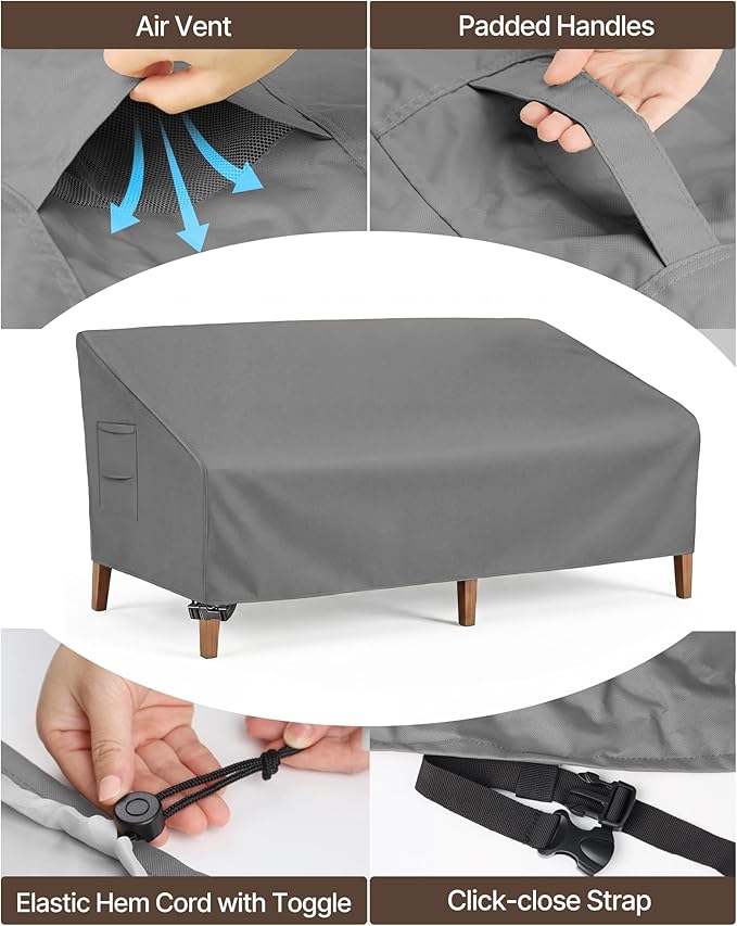 Vailge Heavy Duty Patio Sofa Cover, 100% Waterproof 3-Seater Outdoor Sofa Cover,Lawn Patio Furniture Covers with Air Vent and Handle,60" Wx 35" Dx 35" H,Grey