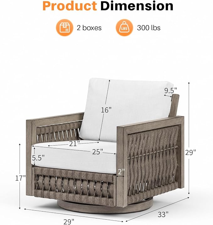 Swivel Patio Chairs Set of 2, Outdoor Aluminum Swivel Chairs with Washable Cushions, 2 Pieces Rope Weave Swivel Patio Sofa Armchair, Outdoor Furniture Set for Garden, Porch, Poolside, Gray Oak