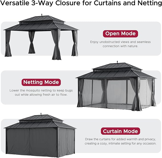 SUNJOY Kingston 16' x 12' Hardtop Gazebo with Galvanized Steel Double Roof, Curtain and Netting, Gray Aluminum Posts Permanent Pavilion Gazebo for Garden, Patio, Deck, Lawn
