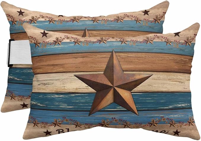 Western Texas Star Retro Outdoor Pillows for Chaise Lounge Chair Beach Headrest Pillow Set of 2 Lumbar Pillows with Insert&Strap Country Farmhouse Dark Blue Brown Wooden Neck Pillow for Pool 11"x16"