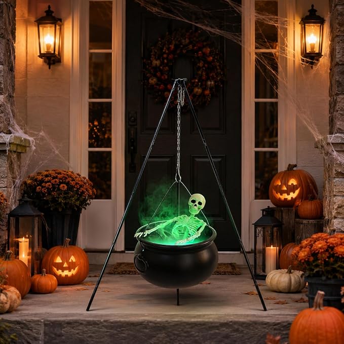 Halloween Decorations Outside - Large Witches Cauldron on Tripod with Skeleton & Fog Maker - Skeleton Halloween Party Decor for Outdoor Yard Home Porch