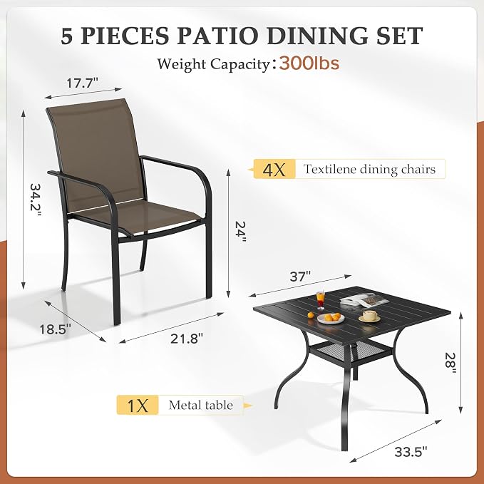 SUNCROWN 5 Pieces Outdoor Dining Set, Patio Furniture Set with 4 x Textilene Dinning Chairs and 1 Steel Slat Metal Bistro Table for Lawn Garden Backyard Deck - Brown