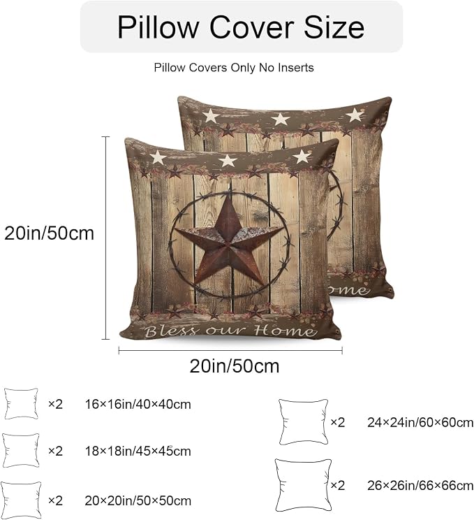Rustic Country Outdoor Pillow Covers 16x16 Inch Throw Pillow Covers Set of 2 Waterproof Decorative Pillow Cases Western Stars Brown Texture Wooden Print Cushion Covers for Patio Furniture Garden Couch