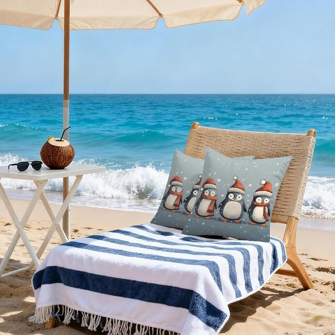 22x22 Inch Outdoor Pillow Covers Set of 2 Waterproof Throw Pillow Covers Decorative Couch Cushion Covers Christmas Penguin Square Pillowcases Protectors for Patio Garden Sofa