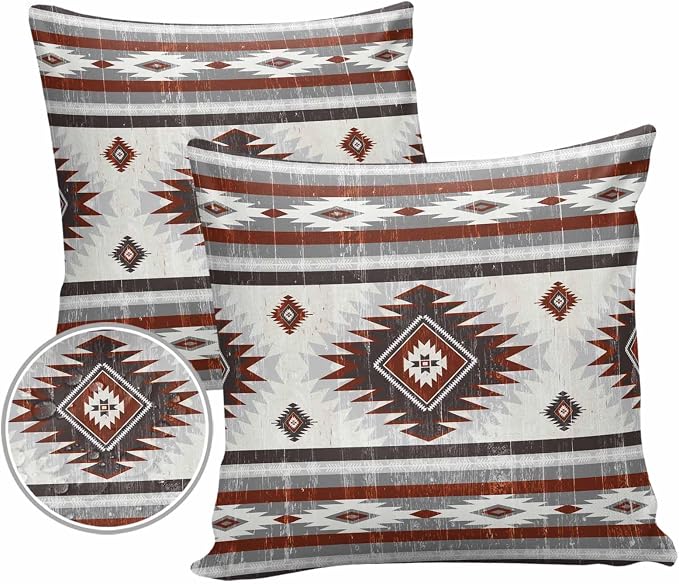 Outdoor Waterproof Throw Pillow Covers Set of 2 Red Gray Boho Aztec Pillowcases 18x18 Inches Southwest Tribal Geometric Patio Decorative Pillows Cushion Case Patio Pillows for Couch Bed Chair Garden