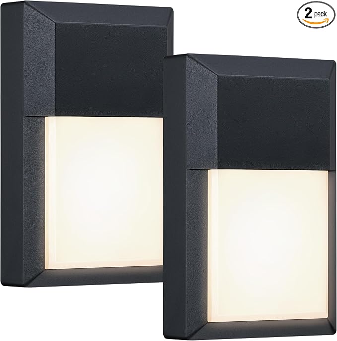 Outdoor Porch Light, LED Wall Sconce, Rustproof Aluminum | Modern Exterior Wall Light Fixture for House, Patio, Garage, 12W 1000 Lumen, Waterproof, 3000K, Black, 2 Pack