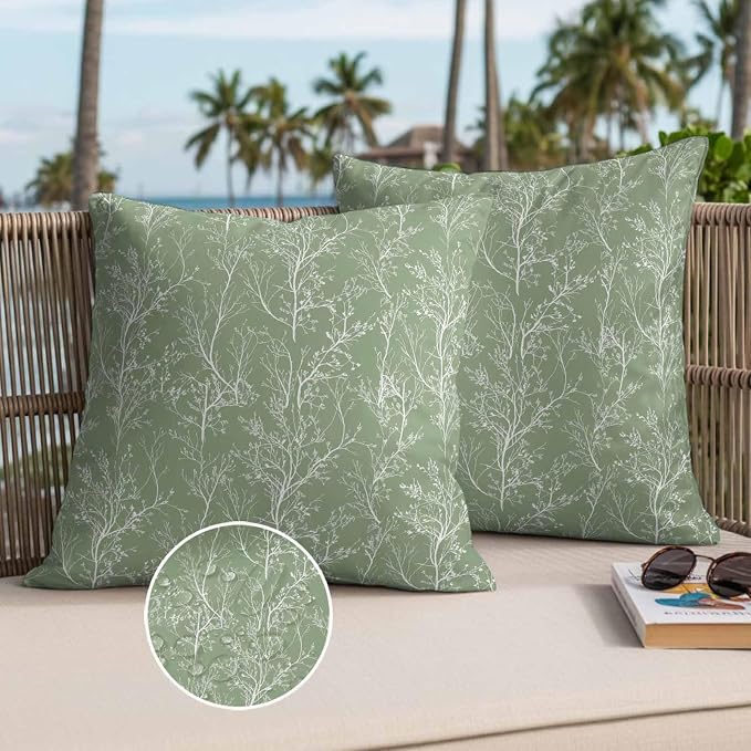 Sage Green Branches Waterproof Outdoor Pillow Covers Set of 2 Home Decor, Abstract Art Leaves Plant Lumbar Pillowcase Patio Pillow Covers for Couch Bench Patio Furniture Garden 20x20in
