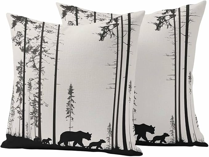 Abstract Outdoor Waterproof Throw Pillow Covers Set of 2, 18"x18", Animal Bear Family Forest Trees Silhouette Decorative Pillow Covers Outside Cushion Case for Patio Porch Garden