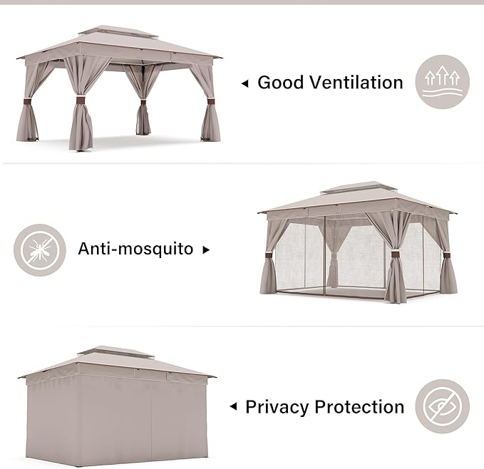 LAUSAINT HOME 10'x13' Outdoor Gazebo, Metal Frame Heavy Duty Patio Canopy Tent Shelter with Double Roofs, Mosquito Nettings and Privacy Screens for Backyard, Garden, Lawn, Classic Khaki