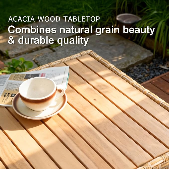 SUNSITT 6-Piece Patio Furniture Set, Outdoor Wicker & Acacia Wood Sectional Sofa Set, Patio Modular Design Conversation Sets with Coffee Table & Thick Comfy Cushion for Porch, Garden, Natural Color