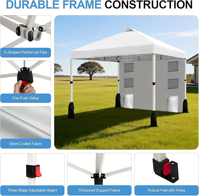 WEIZE 10x10 Pop Up Canopy Tent, 1-Button Push Setup Canopy Tent with 1 Sidewall, Adjustable Height Instant Portable Shelter, Portable Roller Bag,Easy Outdoor Sun Shade for Events,4 Weight Bags,White
