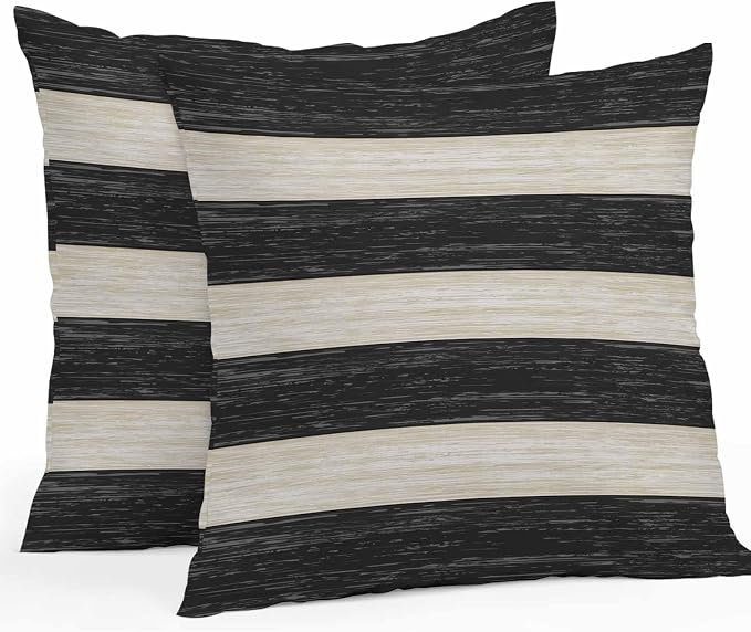 Black Cream Striped Outdoor Pillow Covers 20x20 Inch Throw Pillow Covers Set of 2 Waterproof Decorative Pillow Cases Farmhouse Vintage Shabby Chic Wood Grain Cushion Covers for Patio Furniture Garden