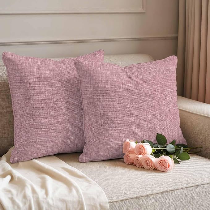 Outdoor Waterproof Throw Pillow Covers Set of 2 Pink Linen Pillowcases 26x26 Inches Farmhouse Pure Color Decorative Pillows Cushion Case Patio Pillows for Couch Bed Chair Garden