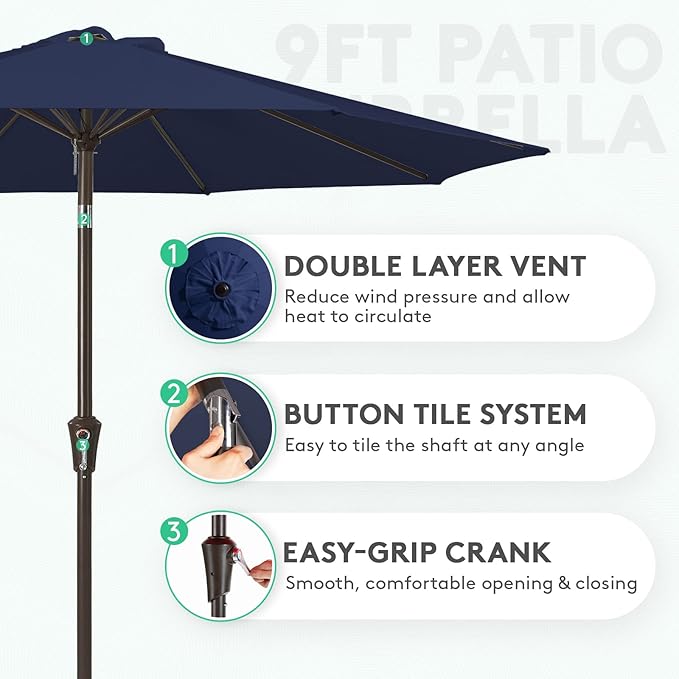 JEAREY 9FT Outdoor Patio Umbrella Outdoor Table Umbrella with Push Button Tilt and Crank, Market Umbrella 8 Sturdy Ribs UV Protection Waterproof for Pool, Deck, Backyard, Garden (Navy Blue)