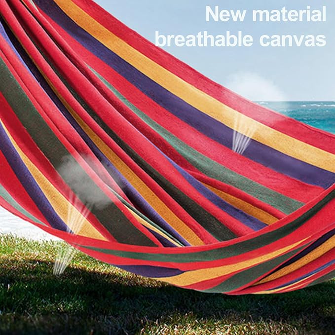 Double Hammock with Space Saving Metal Stand, 440 lb Capacity, Premium Striped Camping Hammock Portable for Outside, Carry Bag Included