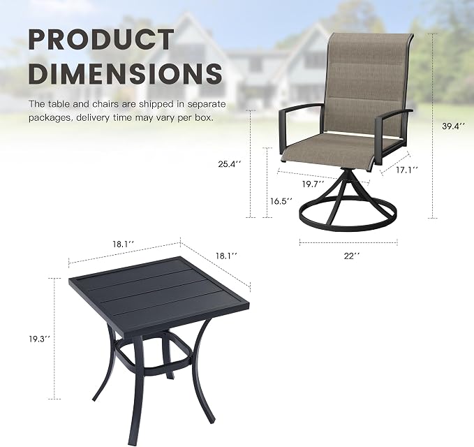 Outdoor Dining Set for 2, 18.1" Metal Square Outdoor Side Table and Padded Textilene Patio Swivel Chairs, 3 Pieces Patio Side Table and Chairs Set for Garden Backyard, Mixed Brown and Black