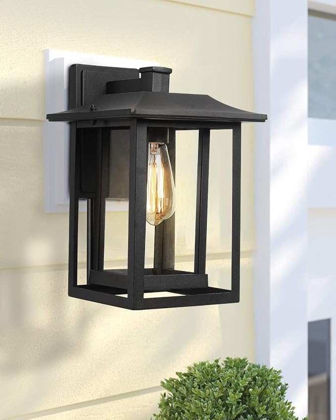 Beionxii Outdoor Wall Mount Light, Dusk to Dawn Exterior Light Fixture Outside Lights for House Porch Patio, Black Cast Aluminum w/Clear Glass (13.5" x 9") - A197W-1PK
