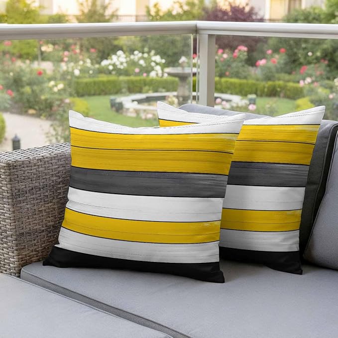 Yellow Black Outdoor Pillow Covers 20"x20" Set of 2, Striped Gradient Wood Grain Modern Art Waterproof Throw Pillow Covers for Patio Furniture, Decorative Cushion Covers for Porch
