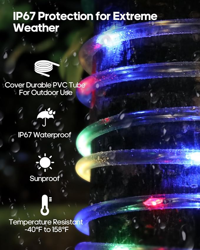 ICRGB Trampoline Lights, 66FT 200LED 1800mAh Solar Rope Lights Outdoor, IP67 Waterproof, Solar Power Outdoor Light, 8 Modes & Timer Function, Decorative for Trampoline Camping Tent Patio Porch Garden | Type C & Solar, With Remote Waterproof, 8 Modes, T...