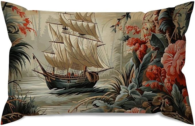 Moore Manor Antique Chinoiserie Lumbar Cushion Cover Vintage Boats and Flowers Pillowcase 16x26in Retro Accent Outdoor Garden Decoration for for Living Room Bed Farmhouse Patio