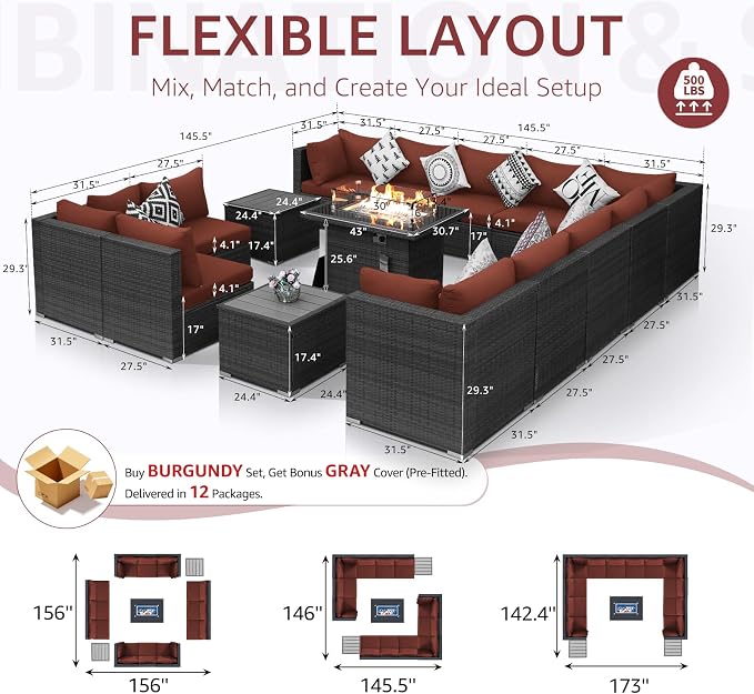 NICESOUL 15 Piece Outdoor Patio Furniture Set with Fire Pit, Extra Large Wide Outdoor Deep Seated Sectional, Cozy 29.3'' High-Back Modular Couch, 500 Lbs High Weight Capacity Wicker Sofa, Gray & Red