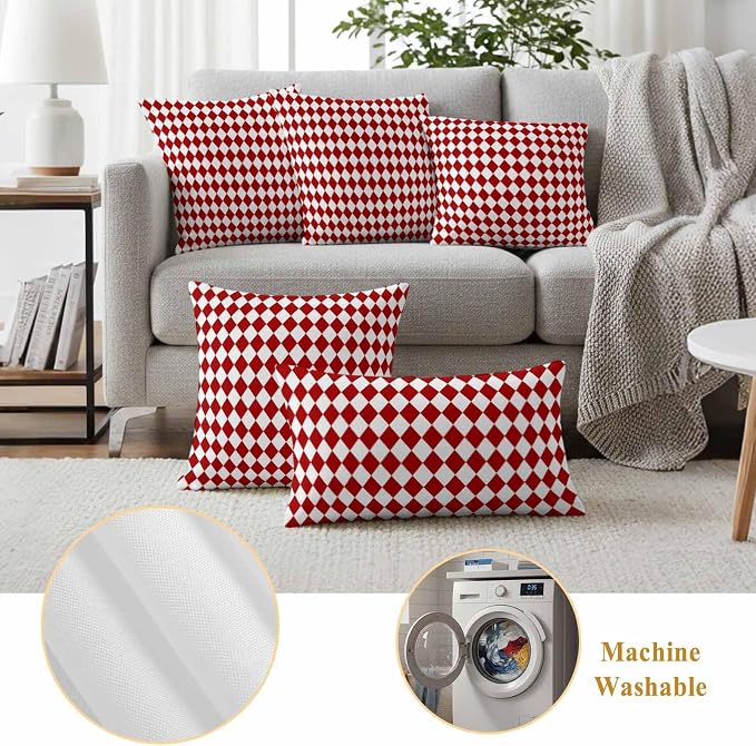 Outdoor Throw Pillow Cover Modern Red White Diamonds Plaid Waterproof Cushion Covers 2 Pack Minimalist Geometric Style Pillow Cases Home Decoration for Patio Garden Couch Sofa