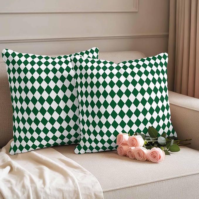 Outdoor Throw Pillow Cover Modern Green White Diamond Waterproof Cushion Covers 2 Pack Minimalist Geometric Plaid Pillow Cases Home Decoration for Patio Garden Couch Sofa