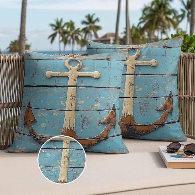 Vintage Anchor Waterproof Outdoor Pillow Covers Set of 2 Home Decor, Coastal Nautical Blue Brown Wooden Pillowcase Patio Pillow Covers for Couch Bench Furniture Garden 16x16in