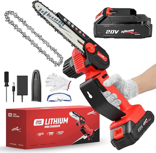 Mini cordless chainsaw, 6-inch portable electric chainsaw, small handheld battery powered chainsaw for wood cutting, tree trimming, and yard work