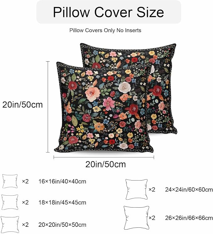 Vandarllin Outdoor Throw Pillows Covers 24x24 inch Set of 2 Waterproof Black Floral Decorative Zippered Cushion Covers for Patio Furniture, Farmhouse Vintage Flower Lumbar Pillowcases