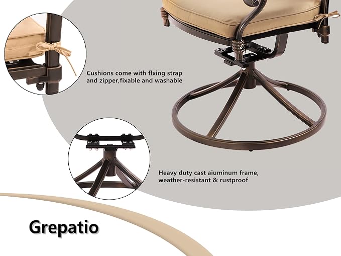 TITIMO 5-Piece Cast Aluminum Outdoor Patio Dining Set, 4 Pattern Chairs and Table, Cast Aluminum Conversation Set with 2.2” Umbrella Hole, 1 Round Table and 4 Swivel Chairs with Cushions (Khaki)