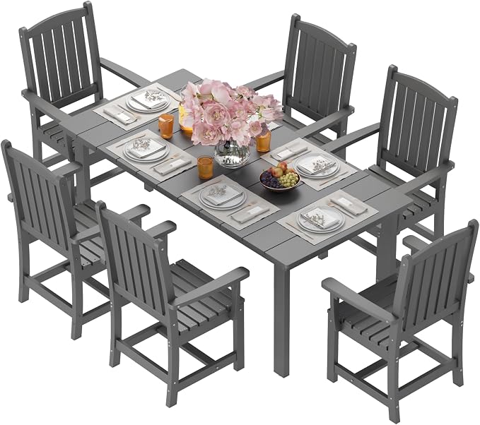 ROCSUMOO 7-Piece Outdoor Dining Table Sets, Patio HDPE Dining Table and Chair Set with Umbrella Hole, All Weather Outdoor Dining Furniture Set (Grey, 1 Table + 6 Chairs)