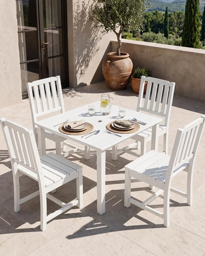HDPE Outdoor Dining Set for 4, Square Table and Chairs, White | All-Weather HDPE, Wood Grain Finish, 42.5" Square Table, Built-In Umbrella Hole, Seats 4, Patio & Poolside Ready