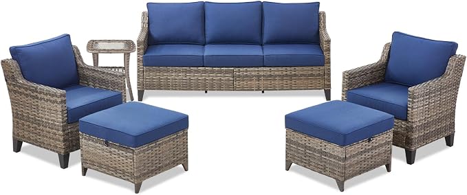 Buenhomino Outdoor Patio Furniture Set-PE Wicker Sofa Couch with Ottomans Comfy Cushions, All Weather High Back Patio Conversation Set for Porch Deck Balcony Garden Grey/Blue