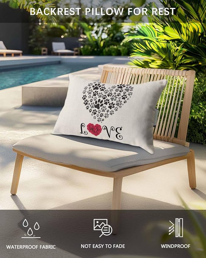 Outdoor Pillows Covers with Inserts Rose Love Dog's Paws Shape Heart Waterproof Recliner Pillow with Adjustable Strap Throw Pillows for Patio Furniture Pool Lounge Chair, 11x16 inch, 1PCS