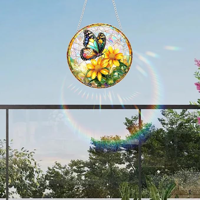 Acrylic Suncatcher Window Hanging, Butterfly & Flower Sun Catcher Rainbow Indoor Window Decoration for Living Room Bedroom Summer Home Balcony Ornaments, 7.87 inches