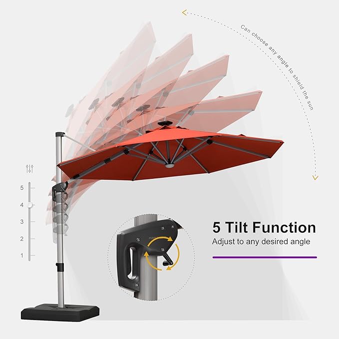 PURPLE LEAF 10ft Patio Umbrella with Lights Outdoor Round Cantilever Solar Powered LED Umbrella with 360-degree Rotation for Garden Deck Pool Patio, Brick Red